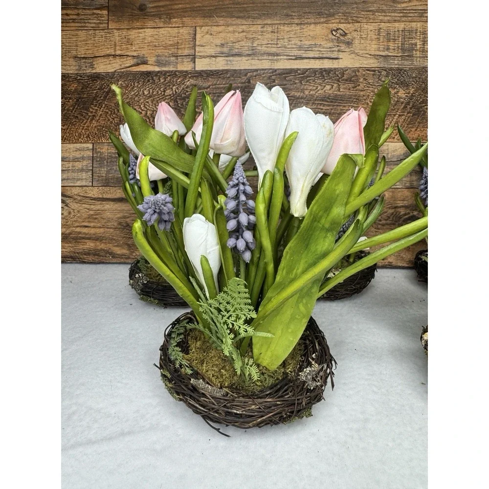 Set‎ Of 2 Pottery Barn Small Faux Floral Birdnest Arrangement 8